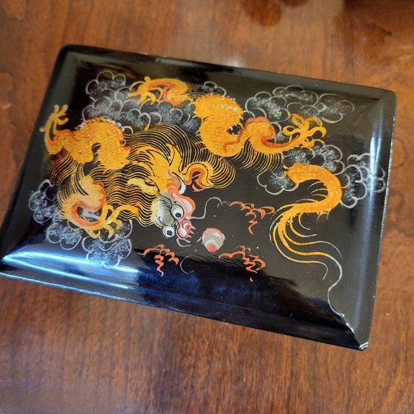 Vintage Black Lacquerware Handpainted Dragon Nesting Boxes Group Of 4 Rare - Picture 2 of 12